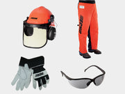 A safety gear set including a helmet with a face visor, orange apron-style leg chaps, a pair of black gloves, and sunglasses.