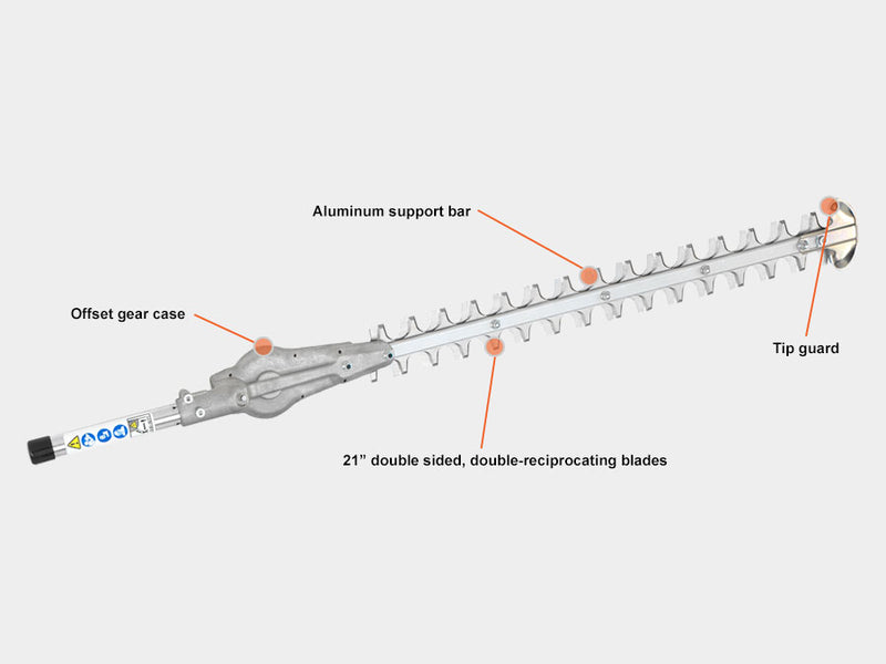 Diagram of a hedge trimmer with labeled parts on a white background