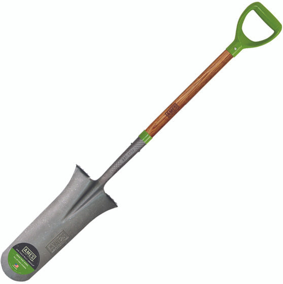 A drain spade with a 16-inch blade made of tempered steel and an ash handle with a D-shaped grip.