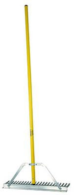 A 36 inch aluminum landscape rake with a yellow handle and a silver head.