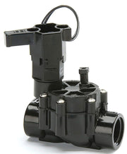Black electric irrigation valve with 1 inch NPT female threading, made of plastic, designed for landscape and watering applications.