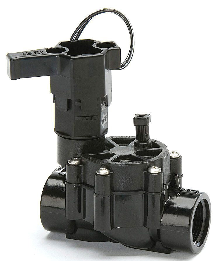 Black electric irrigation valve with 1 inch NPT female threading, made of plastic, designed for landscape and watering applications.