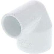 A white PVC 90 degree elbow fitting with socket x socket end connection.