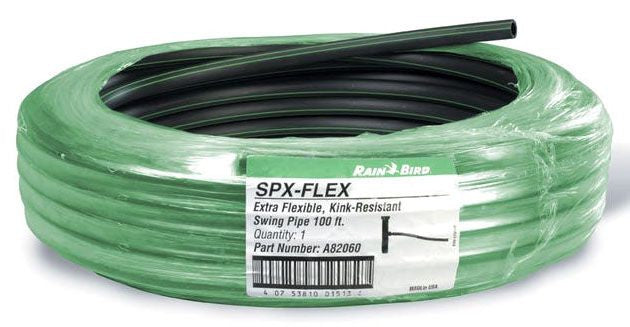 A coil of green Rain Bird SPX-FLEX extra flexible swing pipe, 100 feet in length, with product labeling visible.