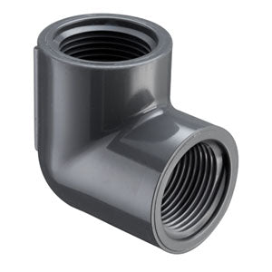 90-degree elbow PVC fitting with female thread connections on both ends, in gray color.