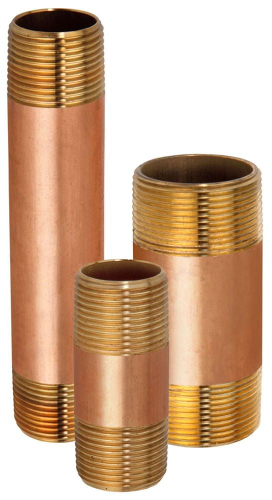 Two brass pipe nipples of different sizes with male threaded ends, isolated on a white background.
