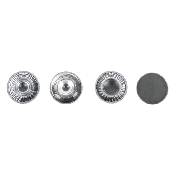 Four metallic buttons of different designs on a white background