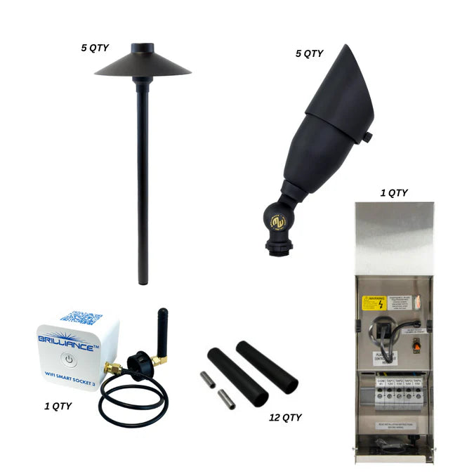Brilliance Black Diamond Starter Lighting System. 5 BD Black Path w/2700 lamps, 5 BD Black Uplights w/2700 lamps, 1-150w Transformer, 1 Smart Socket 3.0 and 12 Lighting Shrinks