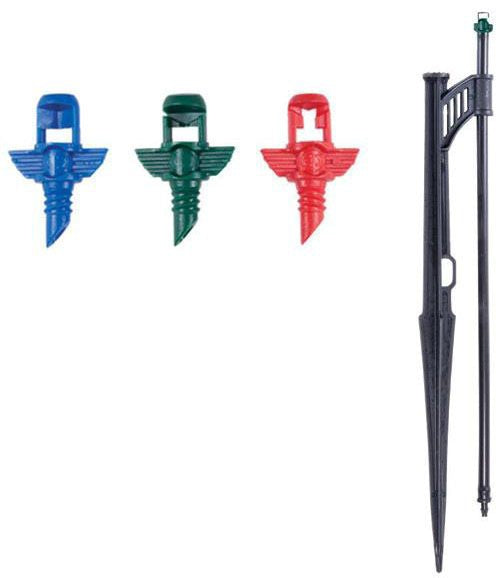 DIG Fan Spray Jet 180 on spike assembly, 5 radius at 30 PSI, 27 GPH with 12" poly riser & barb, Green