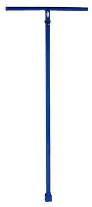 A blue gate valve wrench with a long steel handle and a round head.