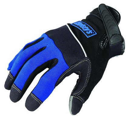 A pair of black and blue Christy-Grip Pro work gloves designed for carrying soil and sprinkler pipes.
