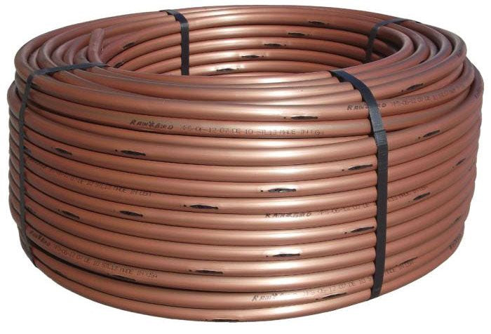 A coil of brown polyethylene drip irrigation tubing.