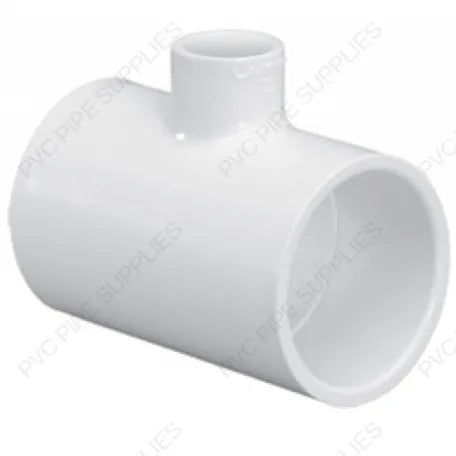 White PVC T-joint pipe connector with a side outlet and a larger horizontal pipe body, shown on a white background with diagonal PVC Pipe Supplies watermarks.