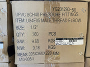 A close-up of a brown cardboard shipping box printed with product information for UPVC SCH40 pressure fittings, specifically a male thread elbow, size 1/2 inch, quantity 360 PCS.