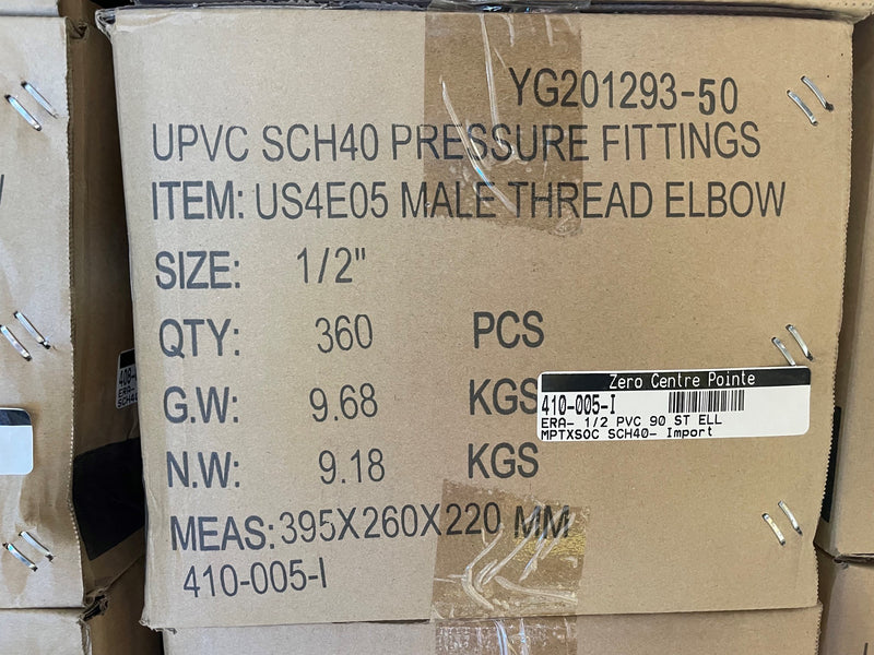 A close-up of a brown cardboard shipping box printed with product information for UPVC SCH40 pressure fittings, specifically a male thread elbow, size 1/2 inch, quantity 360 PCS.