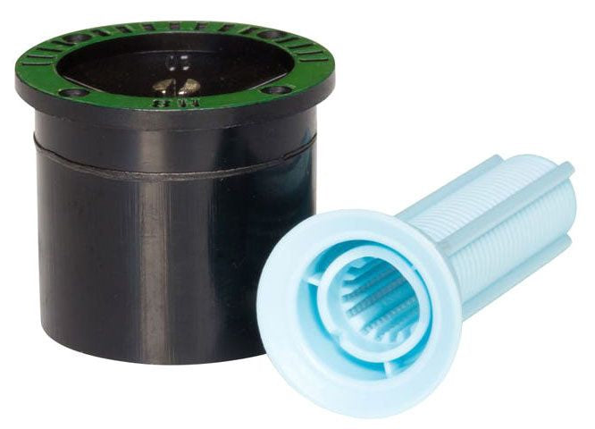 A Rain Bird half nozzle with a green top and black body, alongside a close-up view of the spray pattern.