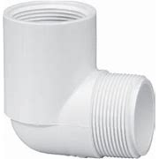 White PVC 90 degree elbow fitting with male thread on one end and female thread on the other, according to the product description.