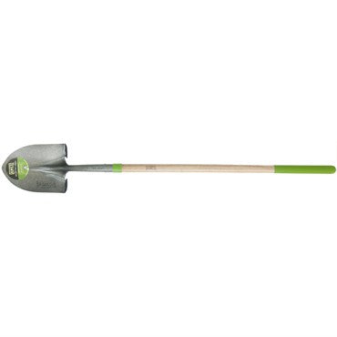A long-handled round point shovel with a wooden handle and a green and silver steel blade.