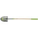 A long-handled round point shovel with a wooden handle and a green and silver steel blade.