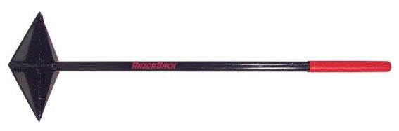A 10 inch by 10 inch tamper with a steel handle and a black blade with the brand name visible.