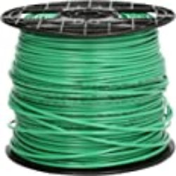 A spool of green electrical wire on a black spool.