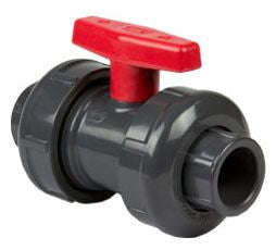 1 inch PVC true union ball valve with a gray body and a red handle, featuring a T-Handle actuation type.