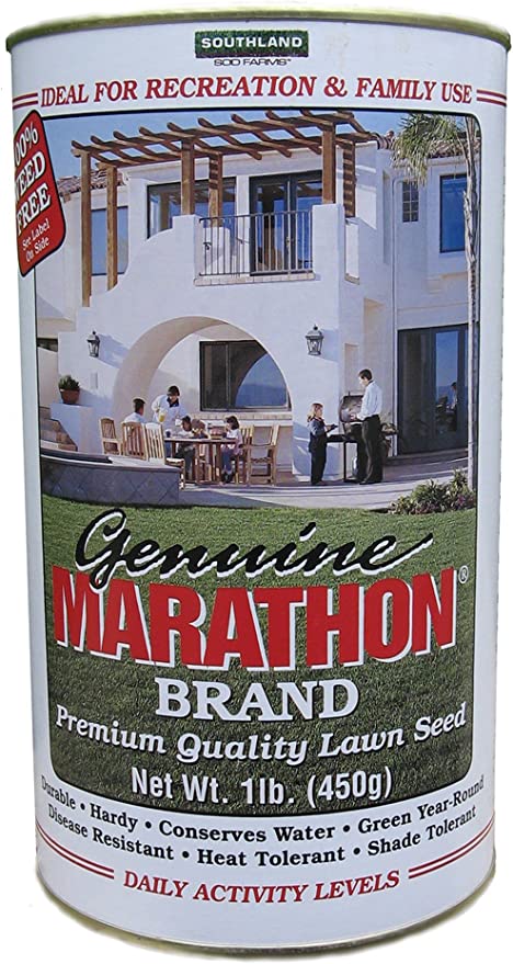 A can of Marathon brand premium quality lawn grass seed, showing a graphic of a two-story house with a lawn in the background.