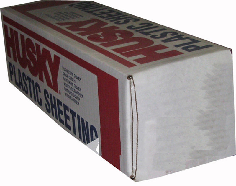 A roll of clear plastic sheeting in a cardboard box with red and white branding for Husky Plastic Sheeting.