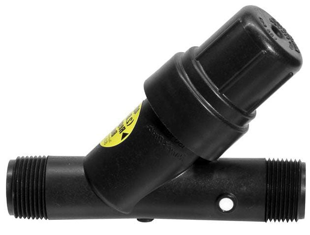 A black 1 inch Rain Bird pressure regulating filter with a 200 mesh screen.