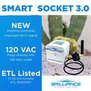 Smart socket 3.0 with antenna on a blue background, featuring Brilliance brand.