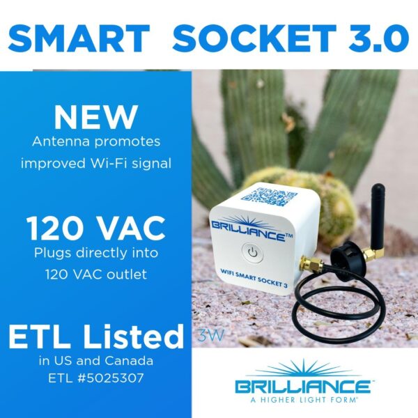 Smart socket 3.0 with antenna on a blue background, featuring Brilliance brand.