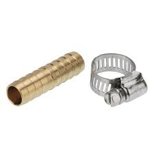 Brass hose repair coupling, consisting of a gold-colored brass hose and a silver-colored brass connector.