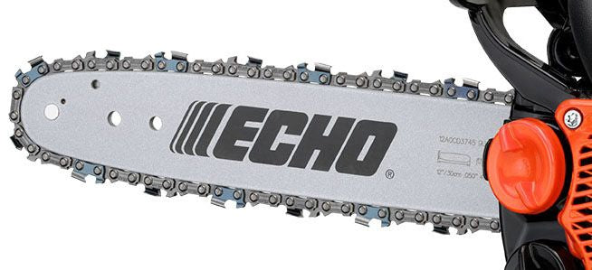 Close-up of a chainsaw chain with 'ECHO' branding on a white background