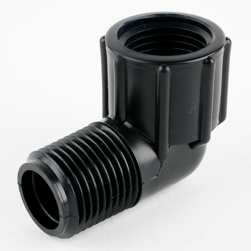 A black 1 inch Marlex street elbow plumbing fitting.