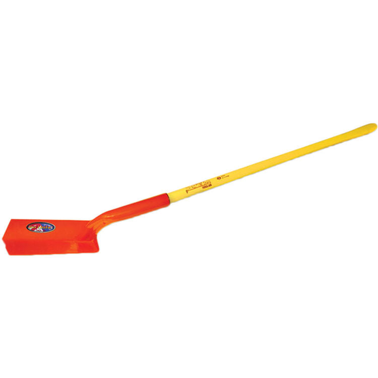 A 4 inch trenching shovel with an orange blade and yellow fiberglass handle.