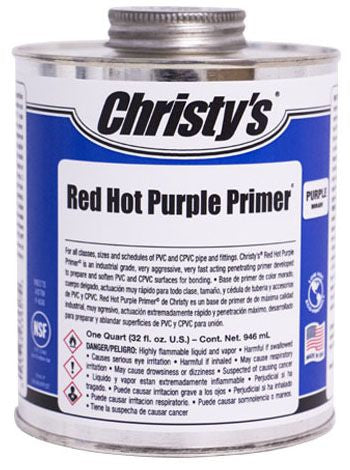 A can of Christy's Red Hot Purple Primer with product details and branding visible on the label.