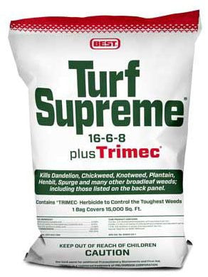 A bag of 'Turf Supreme 16-6-8 plus Trimec' fertilizer, primarily white in color with green and red accents, and text detailing the product type and nutrient ratio.