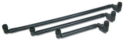 black polyethylene swing assembly components for a sprinkler system, including a flexible hose and connectors.