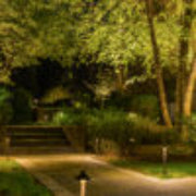 Evening scene of a garden with illuminated pathways and trees