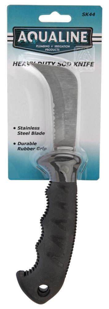 A heavy duty sod knife with a stainless steel blade and a black durable rubber grip handle, packaged in a clear plastic casing.