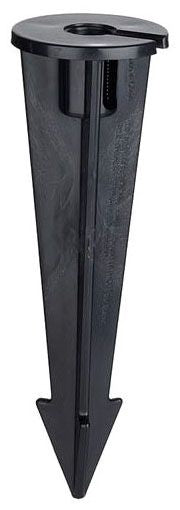 Black plastic stake with a central hole on a white background