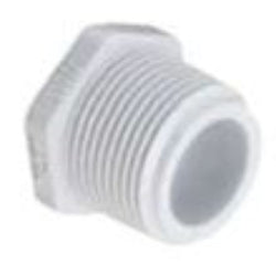 A white PVC hex head plug fitting with male threaded end connection.