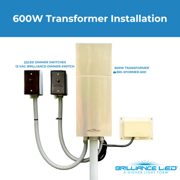 600W Transformer Installation with Brilliance LED branding on a white background