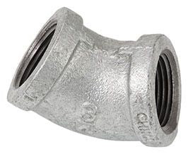 A galvanized 1 inch Aqualine GEL45-100 45 elbow pipe fitting.