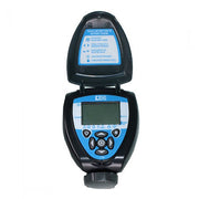 A black and blue irrigation controller with a digital screen and multiple buttons, designed for use with a lawn and garden irrigation system.