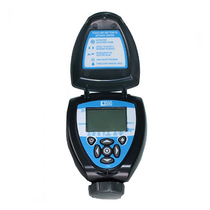 A black and blue irrigation controller with a digital screen and multiple buttons, designed for use with a lawn and garden irrigation system.