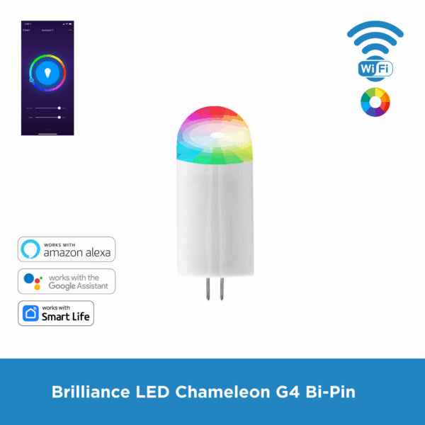 Smart LED light bulb with app interface, Wi-Fi symbol, and compatibility logos on a white background.