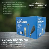 Brilliance Black Diamond Starter Lighting System. 5 BD Bronze Path w/2700 lamps, 5 BD Bronze Uplights w/2700 lamps, 1-150w Transformer, 1 Smart Socket 3.0 and 12 Lighting Shrinks