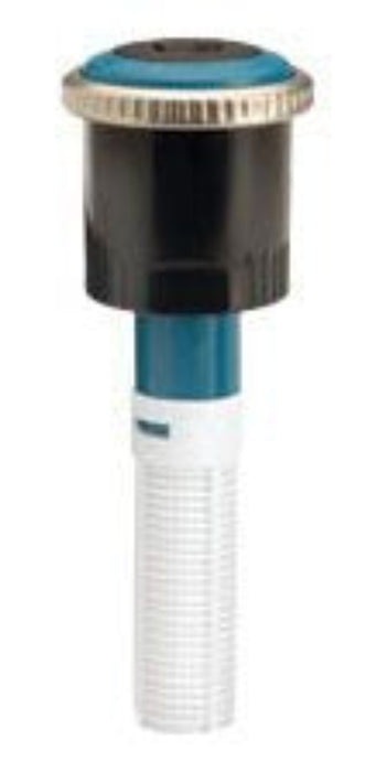 A Hunter MP Corner sprinkler rotator nozzle with a turquoise color band on the upper part, attached to a white base.