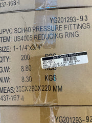 A close-up of a brown cardboard shipping box with printed black text identifying 'UPVC SCH40 PRESSURE FITTINGS' and a white barcode label for 'Zero Centre Point'.